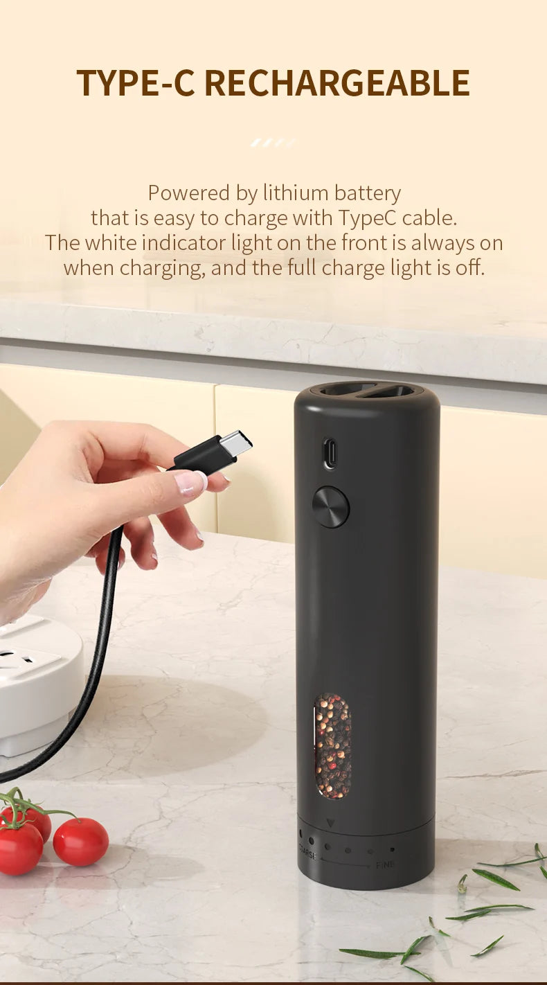 1pc/2pcs MINI USB Rechargeable Automatic Pepper Grinder Adjustable Coarseness Salt And Pepper Mill for Kitchen Spice Grinder