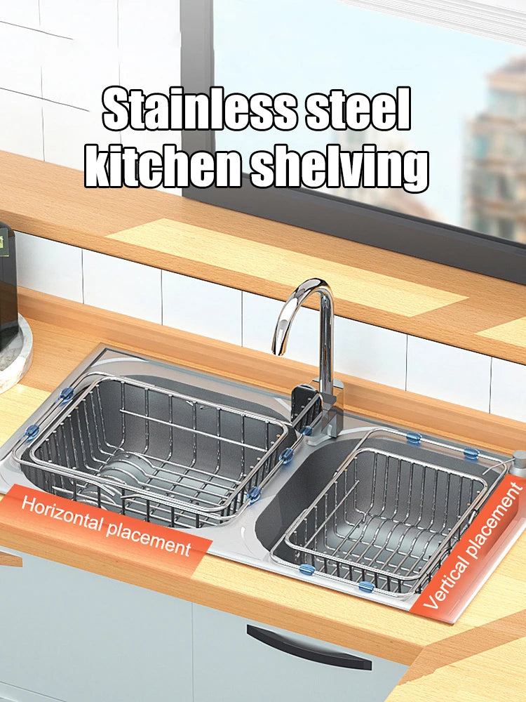 Stainless Steel Telescopic Sink Drain Rack Non-Slip Dish Drying Kitchen Bathroom Countertop Organizer Rack for Household Use