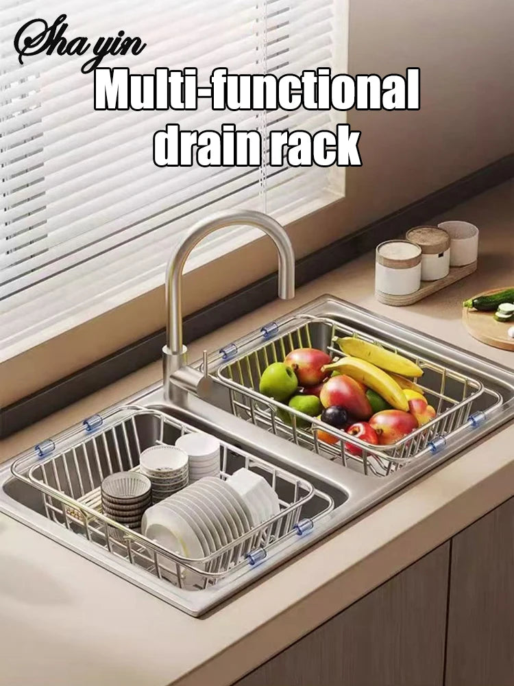 Stainless Steel Telescopic Sink Drain Rack Non-Slip Dish Drying Kitchen Bathroom Countertop Organizer Rack for Household Use