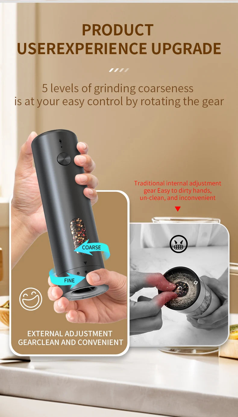 1pc/2pcs MINI USB Rechargeable Automatic Pepper Grinder Adjustable Coarseness Salt And Pepper Mill for Kitchen Spice Grinder