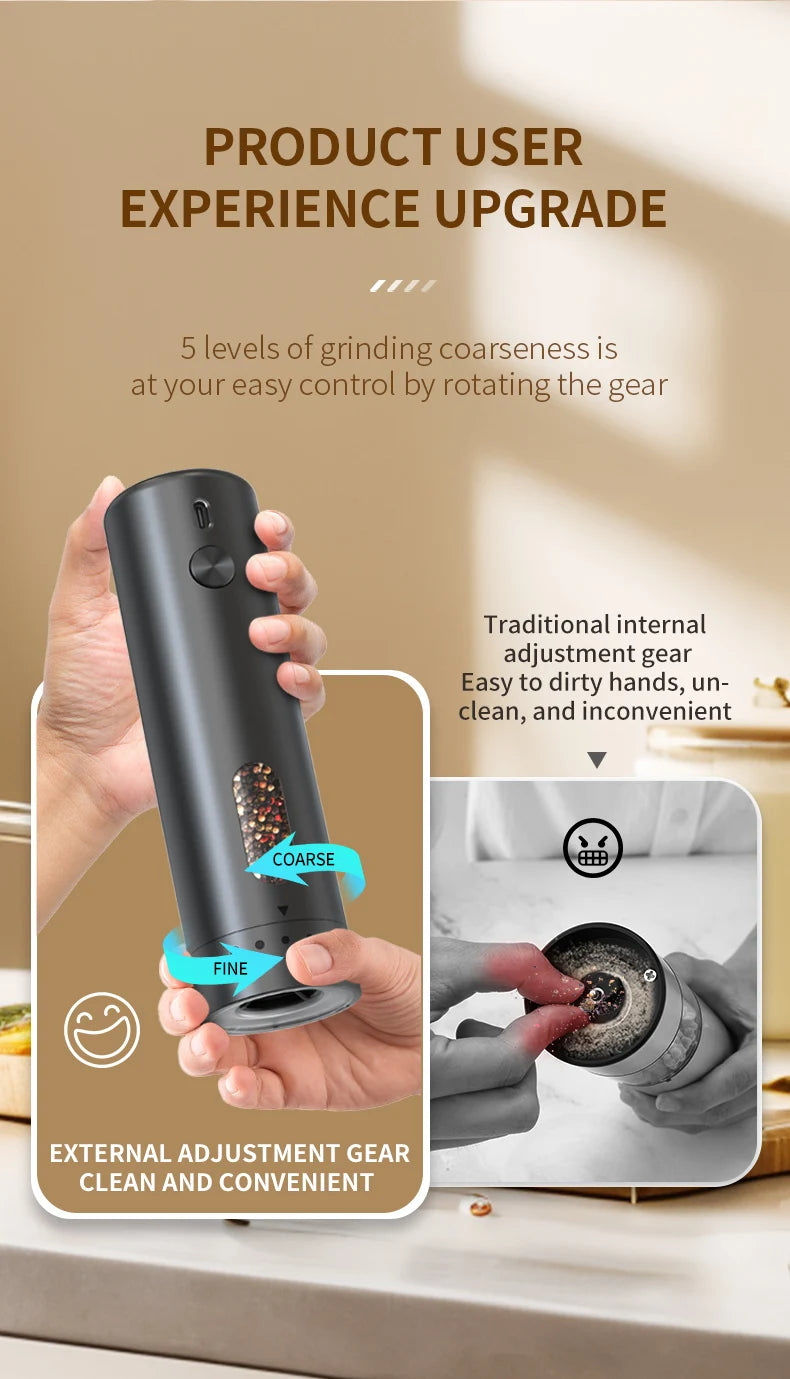 1pc/2pcs MINI USB Rechargeable Automatic Pepper Grinder Adjustable Coarseness Salt And Pepper Mill for Kitchen Spice Grinder