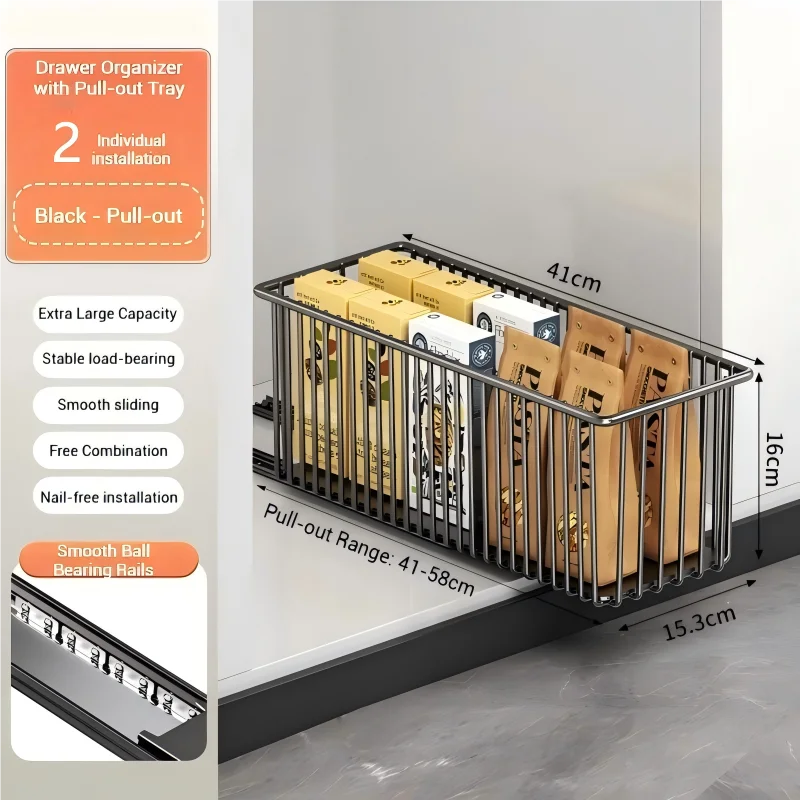 2Pcs Pull Out Cabinet Organizer Carbon Steel Slide Out Drawers Sliding Pantry Shelves For Kitchen Base Cabinet Organization
