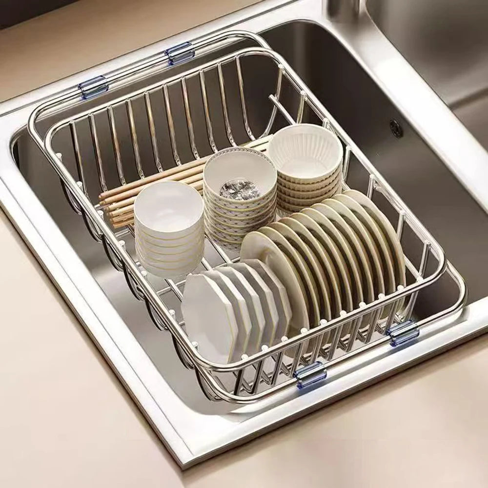 Stainless Steel Telescopic Sink Drain Rack Non-Slip Dish Drying Kitchen Bathroom Countertop Organizer Rack for Household Use