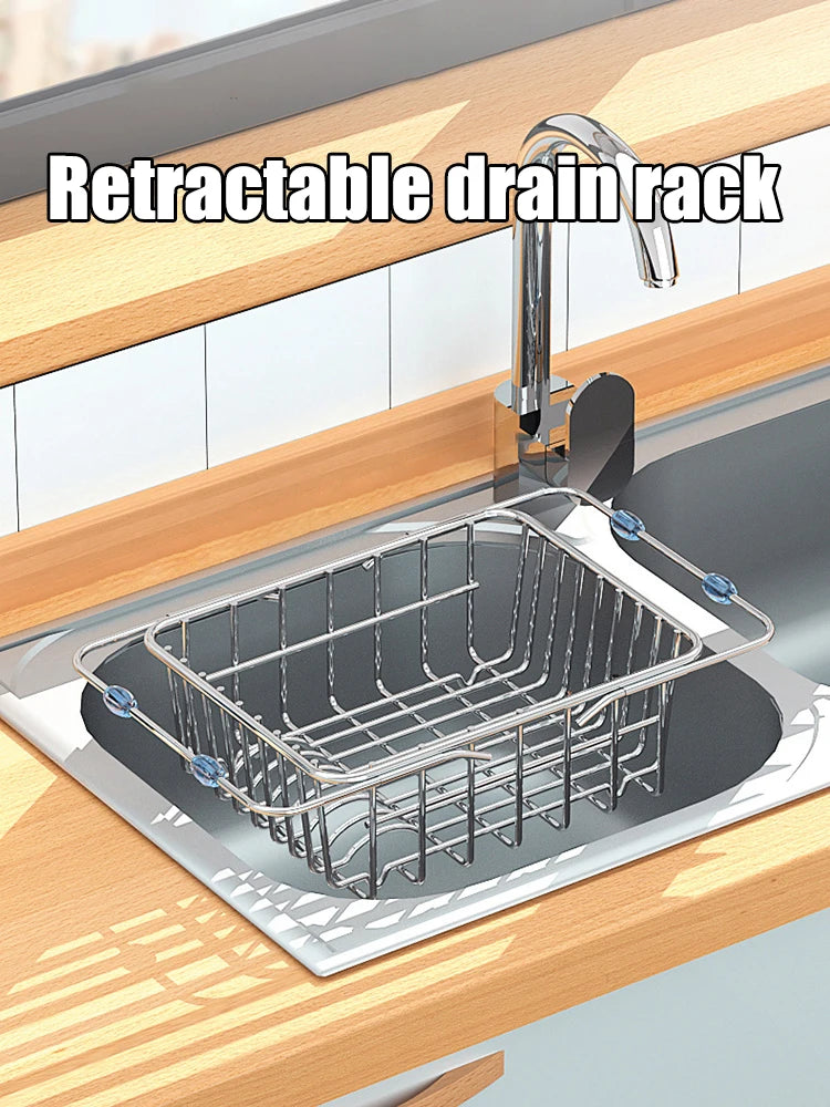Stainless Steel Telescopic Sink Drain Rack Non-Slip Dish Drying Kitchen Bathroom Countertop Organizer Rack for Household Use