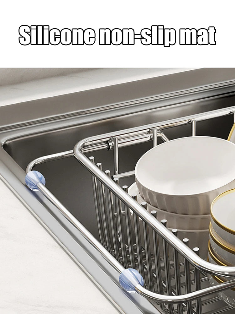 Stainless Steel Telescopic Sink Drain Rack Non-Slip Dish Drying Kitchen Bathroom Countertop Organizer Rack for Household Use