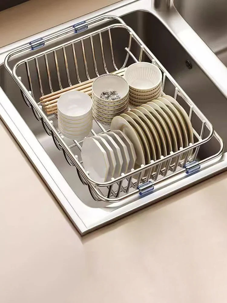 Stainless Steel Telescopic Sink Drain Rack Non-Slip Dish Drying Kitchen Bathroom Countertop Organizer Rack for Household Use
