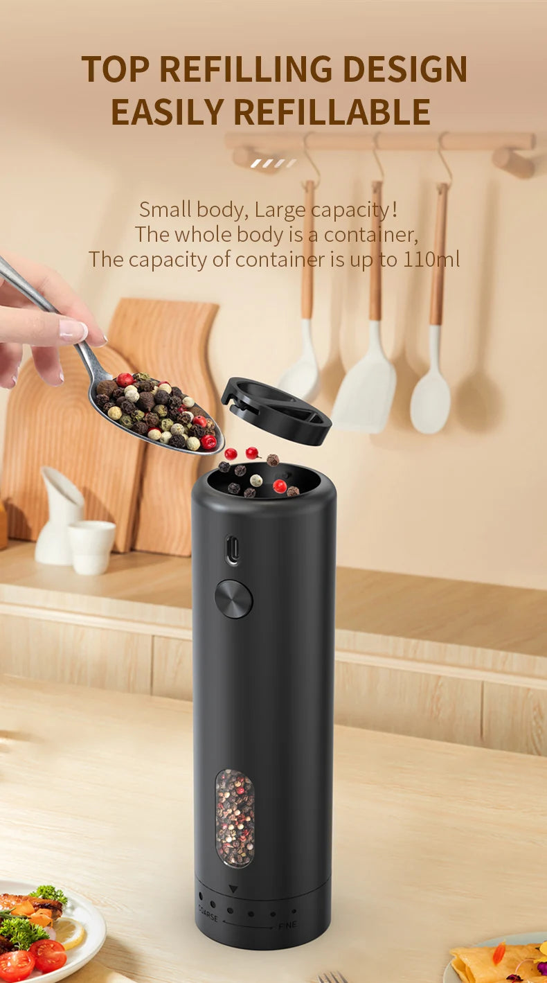 1pc/2pcs MINI USB Rechargeable Automatic Pepper Grinder Adjustable Coarseness Salt And Pepper Mill for Kitchen Spice Grinder
