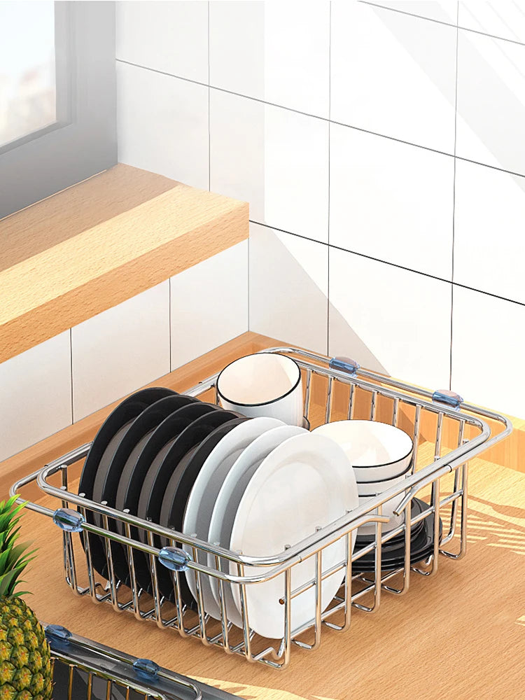 Stainless Steel Telescopic Sink Drain Rack Non-Slip Dish Drying Kitchen Bathroom Countertop Organizer Rack for Household Use