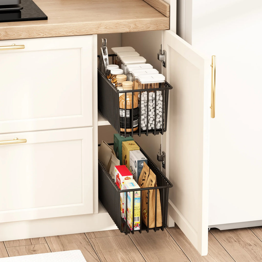 2Pcs Pull Out Cabinet Organizer Carbon Steel Slide Out Drawers Sliding Pantry Shelves For Kitchen Base Cabinet Organization