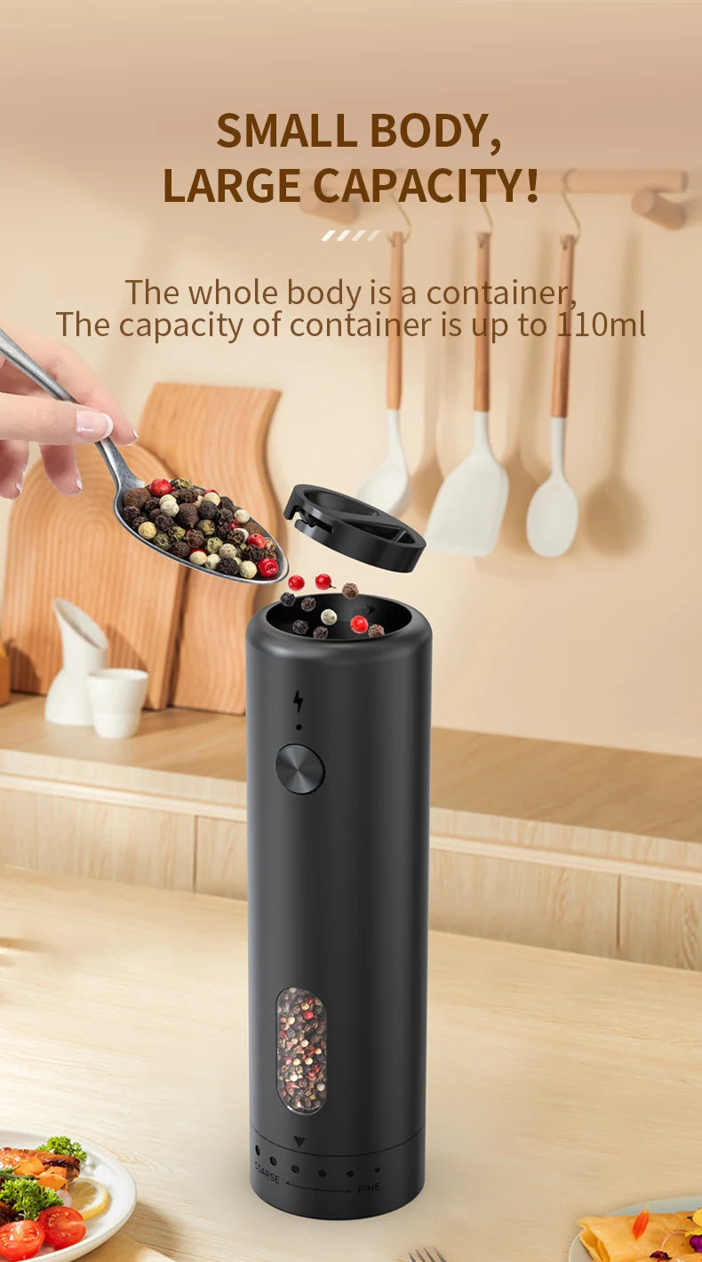 1pc/2pcs MINI USB Rechargeable Automatic Pepper Grinder Adjustable Coarseness Salt And Pepper Mill for Kitchen Spice Grinder