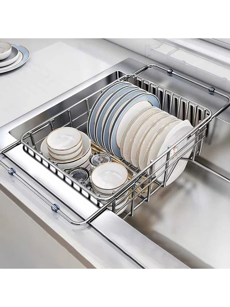 Stainless Steel Telescopic Sink Drain Rack Non-Slip Dish Drying Kitchen Bathroom Countertop Organizer Rack for Household Use